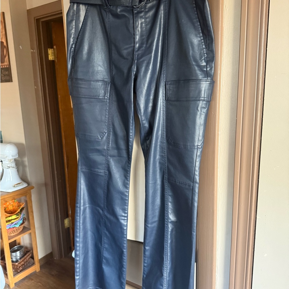 White House Black Market Navy Faux Leather Flare Pants
